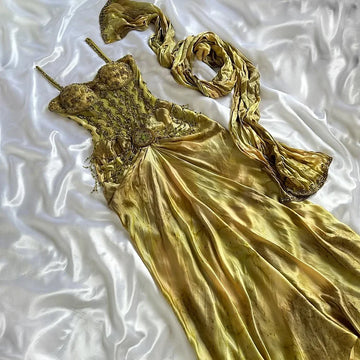 Niulatu Gold Spaghetti Strap Silk Sheath Prom Dresses Beaded Evening Gowns with Scarf HZ1026